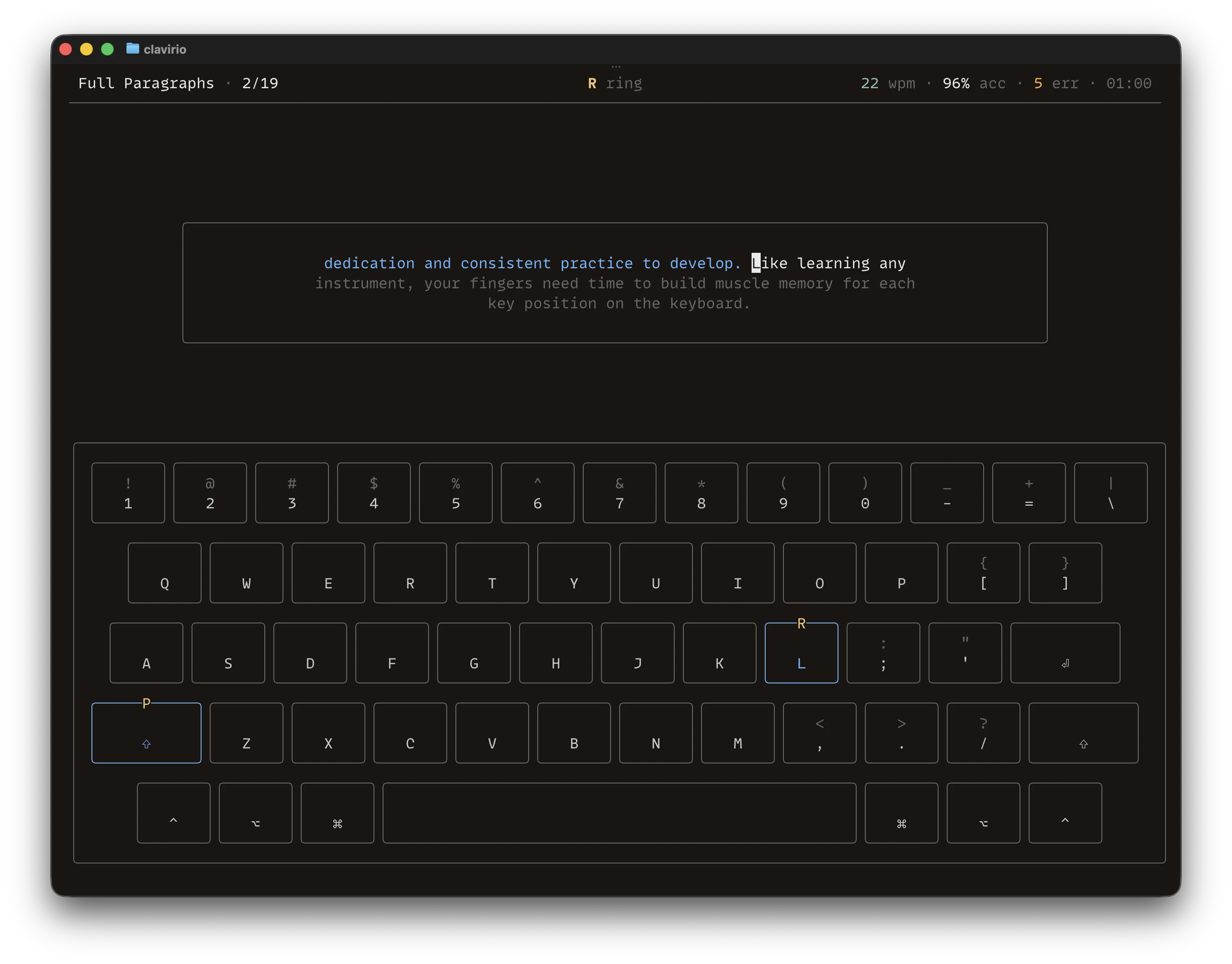clavirio dark theme — typing lesson with virtual keyboard and live stats